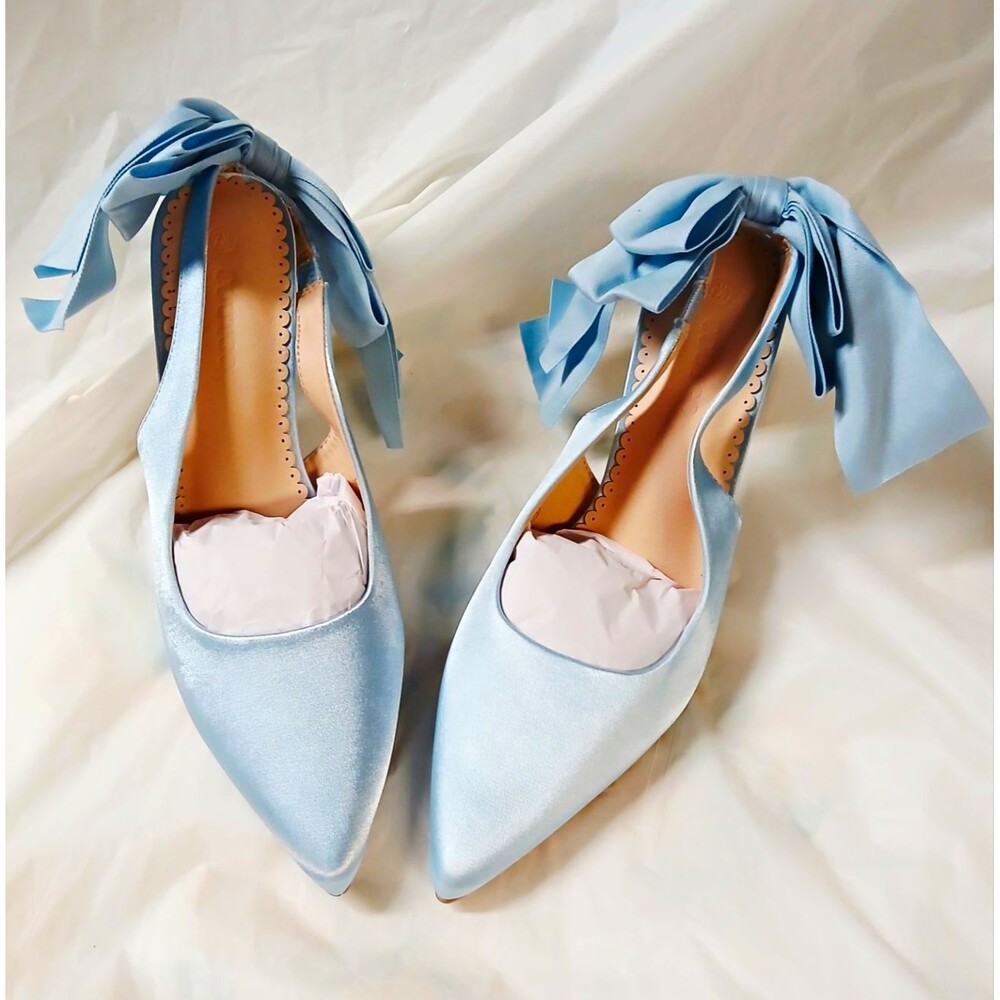 ZBY Women’s Blue Satin Pointed Toe Slingback Pumps Bow Accent US 7.5